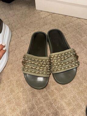 CHANEL Olive Green Slide Sandals with Gold Chain Trim